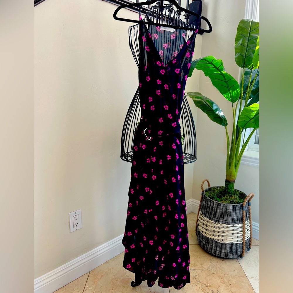 A.L.C. $575 Silk midi dress. Black with pink Valentino color flowers. Size S